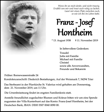 Traueranzeige von Franz-Josef Hontheim von trierischer_volksfreund