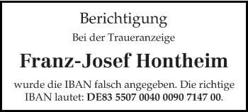 Traueranzeige von Franz-Josef Hontheim von trierischer_volksfreund