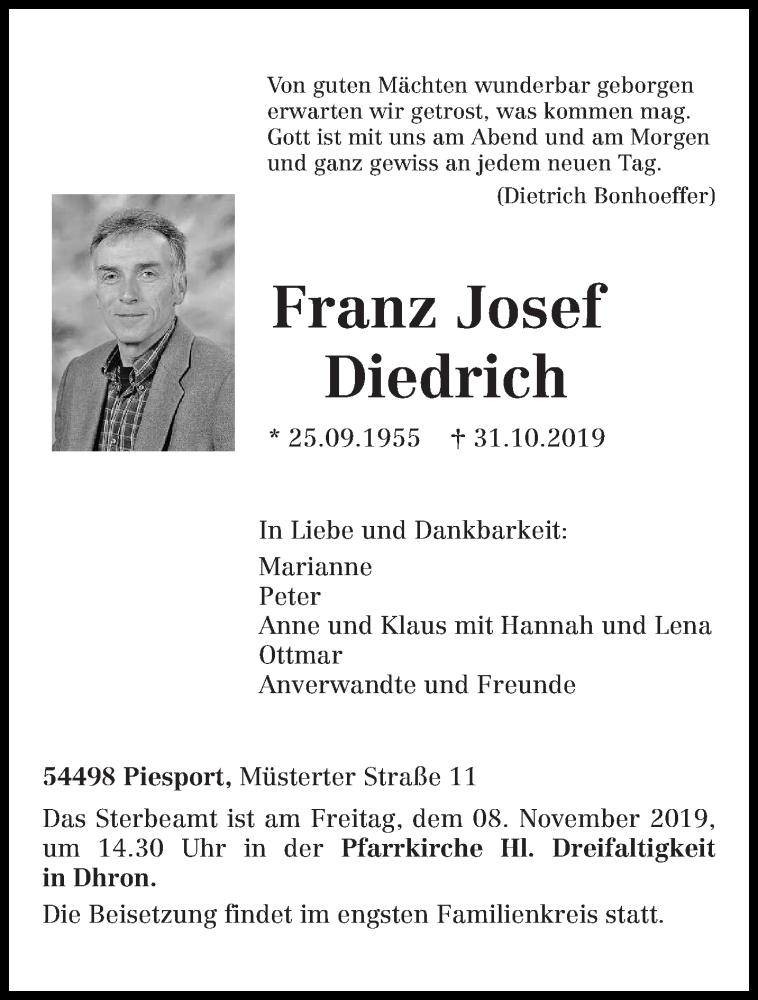  Traueranzeige für Franz Josef Diedrich vom 06.11.2019 aus trierischer_volksfreund