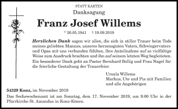 Traueranzeige von Franz Josef Willems von trierischer_volksfreund
