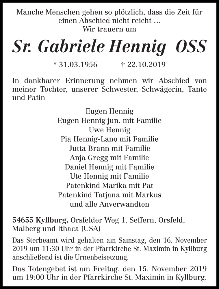  Traueranzeige für Gabriele Hennig vom 14.11.2019 aus trierischer_volksfreund