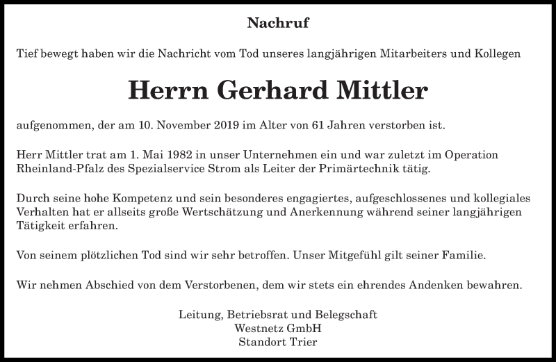  Traueranzeige für Gerhard Mittler vom 16.11.2019 aus trierischer_volksfreund