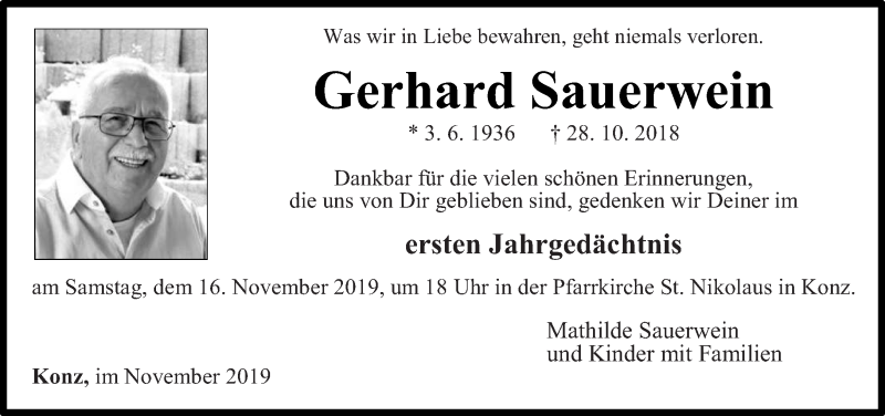  Traueranzeige für Gerhard Sauerwein vom 09.11.2019 aus trierischer_volksfreund