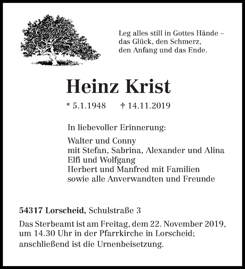  Traueranzeige für Heinz Krist vom 19.11.2019 aus trierischer_volksfreund