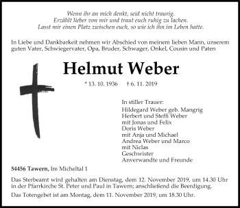 Traueranzeige von Helmut Weber von trierischer_volksfreund