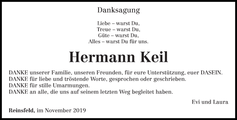  Traueranzeige für Hermann Keil vom 09.11.2019 aus trierischer_volksfreund
