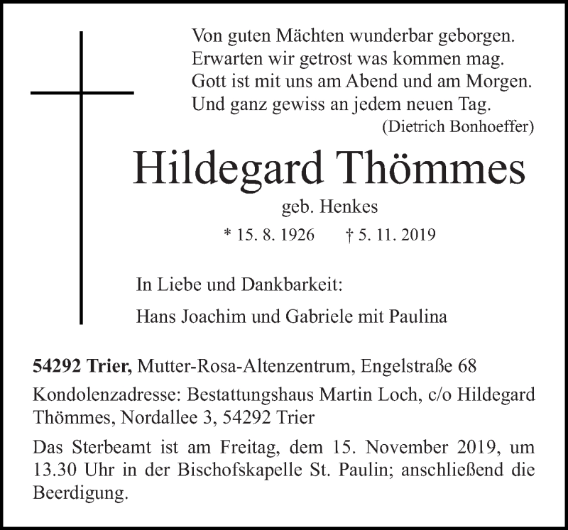  Traueranzeige für Hildegard Thömmes vom 09.11.2019 aus trierischer_volksfreund