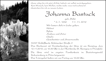 Traueranzeige von Johanna Bastuck von trierischer_volksfreund
