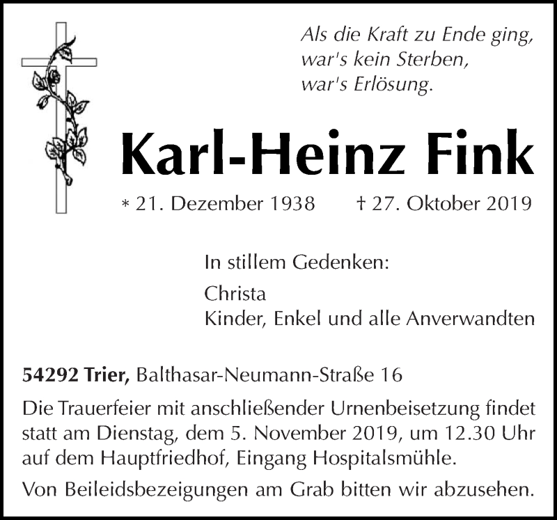  Traueranzeige für Karl-Heinz Fink vom 02.11.2019 aus trierischer_volksfreund