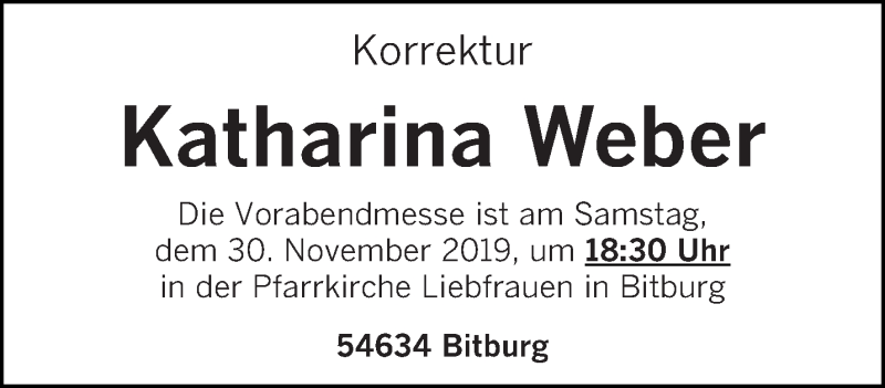  Traueranzeige für Katharina Weber vom 26.11.2019 aus trierischer_volksfreund