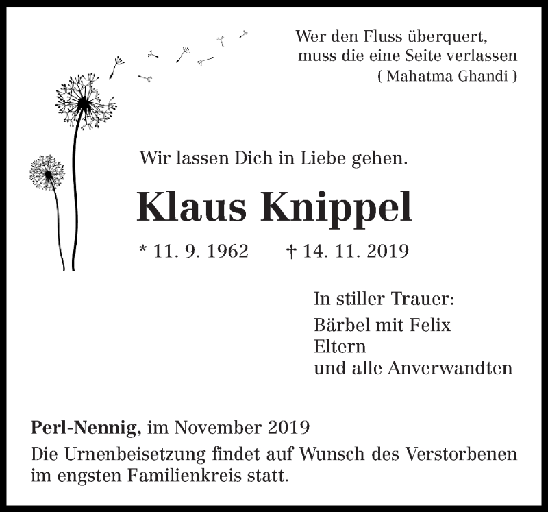  Traueranzeige für Klaus Knippel vom 18.11.2019 aus trierischer_volksfreund