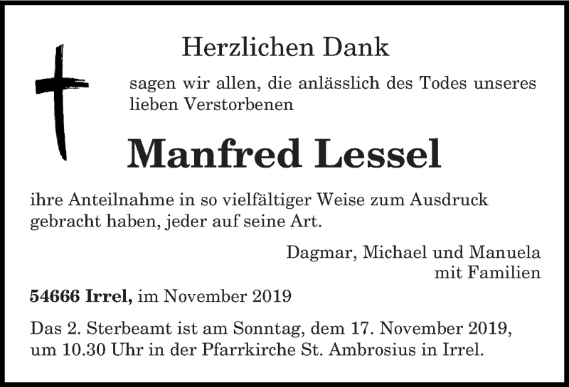  Traueranzeige für Manfred Lessel vom 09.11.2019 aus trierischer_volksfreund