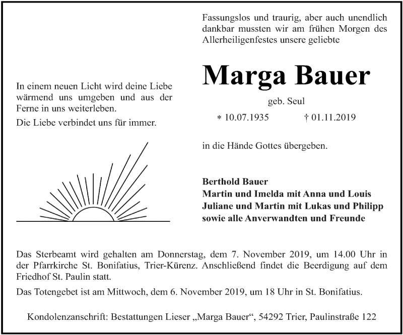  Traueranzeige für Marga Bauer vom 04.11.2019 aus trierischer_volksfreund