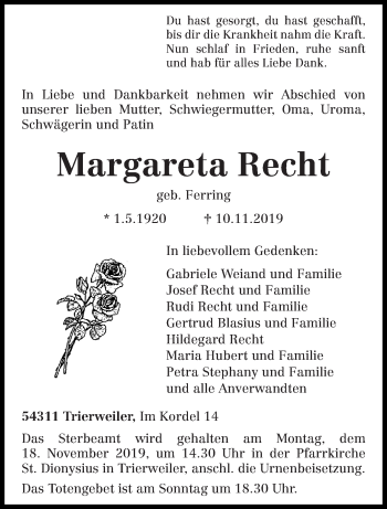 Traueranzeige von Margareta Recht von trierischer_volksfreund