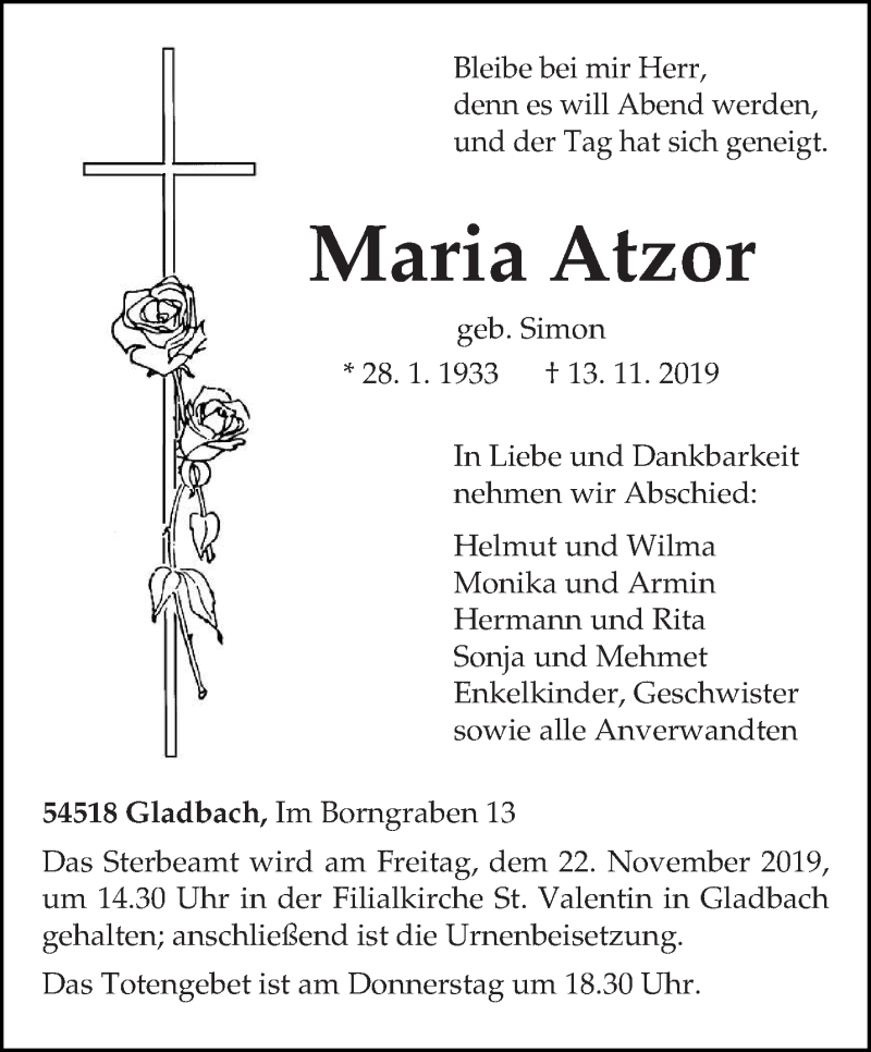  Traueranzeige für Maria Atzor vom 16.11.2019 aus trierischer_volksfreund