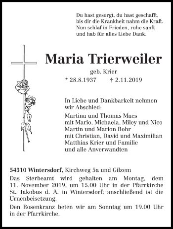 Traueranzeige von Maria Trierweiler von trierischer_volksfreund