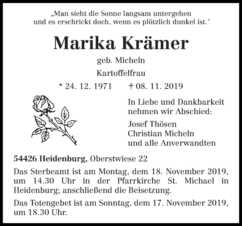  Traueranzeige für Marika Krämer vom 14.11.2019 aus trierischer_volksfreund