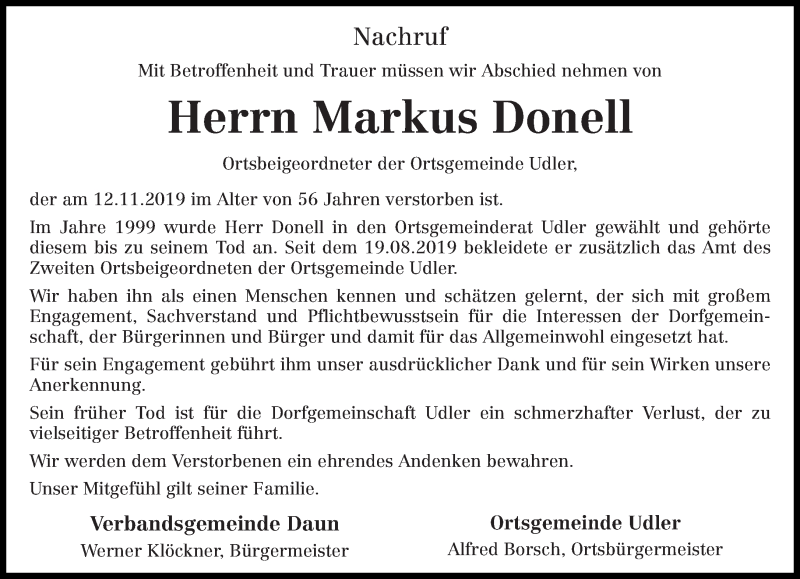  Traueranzeige für Markus Donell vom 28.11.2019 aus trierischer_volksfreund