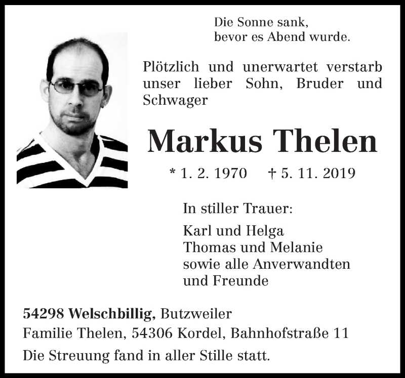  Traueranzeige für Markus Thelen vom 14.11.2019 aus trierischer_volksfreund