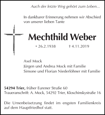 Traueranzeige von Mechthild Weber von trierischer_volksfreund