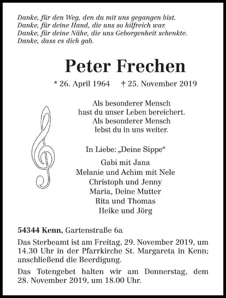 Traueranzeige für Peter Frechen vom 27.11.2019 aus trierischer_volksfreund