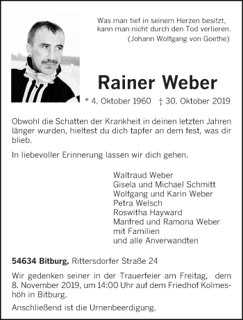 Traueranzeige von Rainer Weber von trierischer_volksfreund