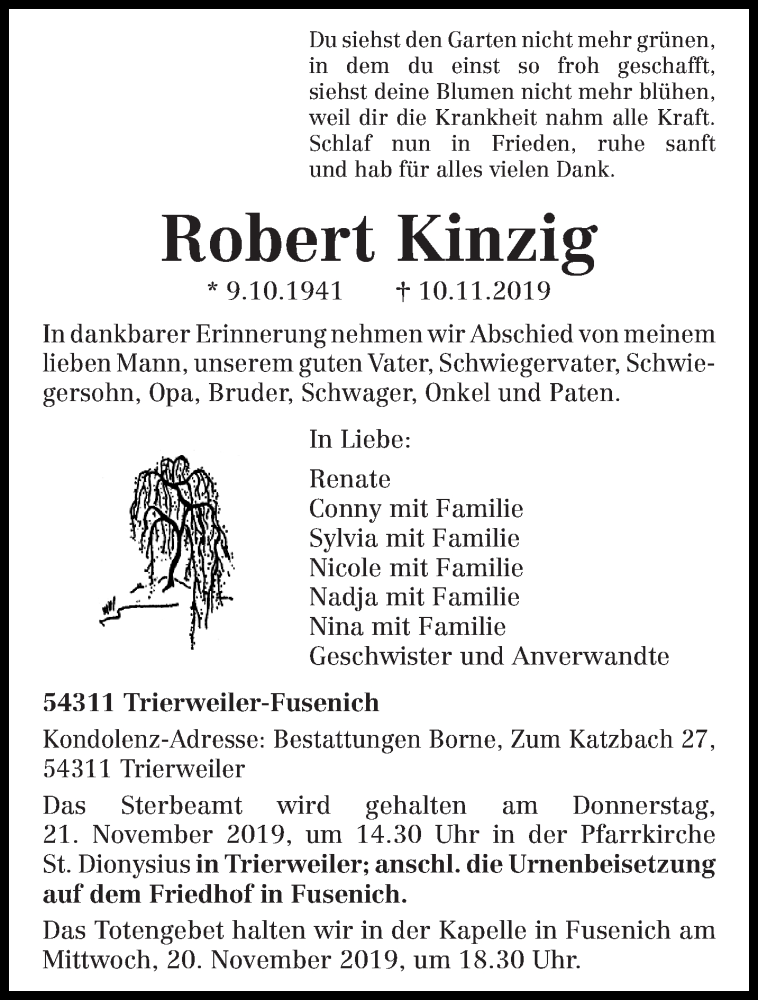  Traueranzeige für Robert Kinzig vom 16.11.2019 aus trierischer_volksfreund