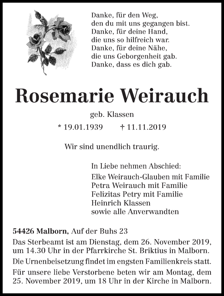  Traueranzeige für Rosemarie Weirauch vom 16.11.2019 aus trierischer_volksfreund