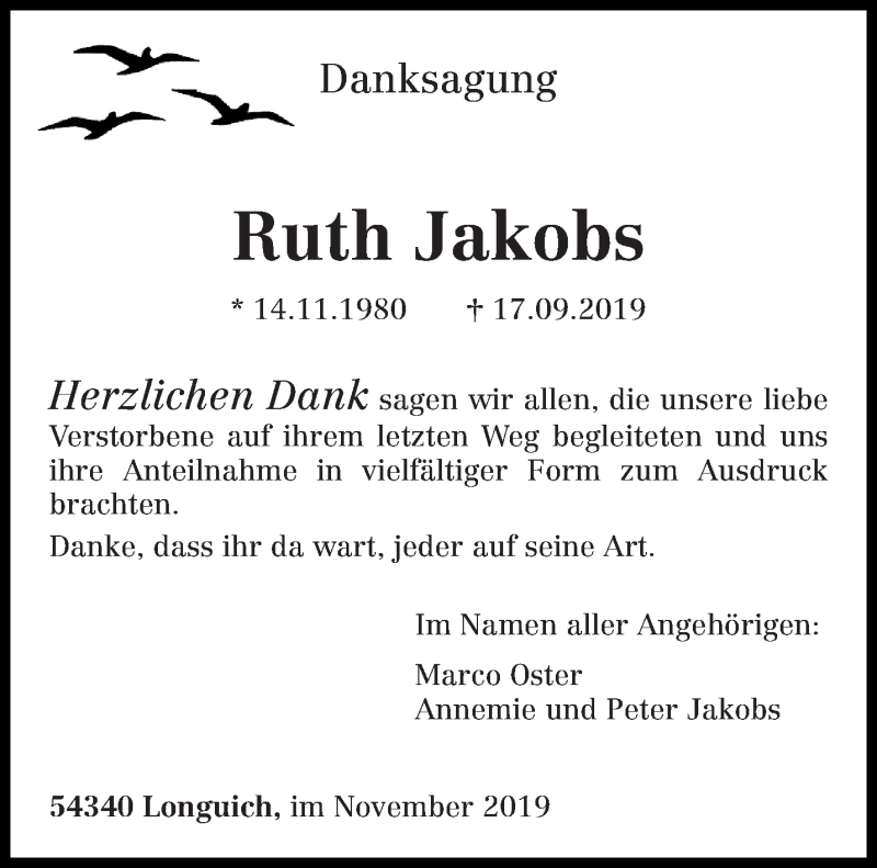  Traueranzeige für Ruth Jakobs vom 08.11.2019 aus trierischer_volksfreund