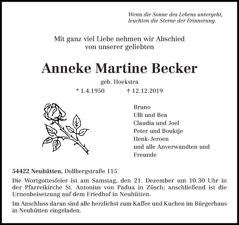 Traueranzeige für Anneke Martine Becker vom 14.12.2019 aus trierischer_volksfreund