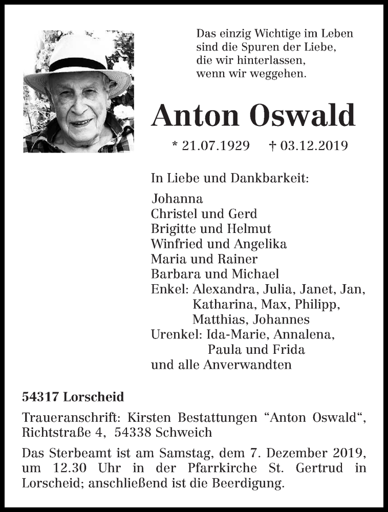  Traueranzeige für Anton Oswald vom 05.12.2019 aus trierischer_volksfreund