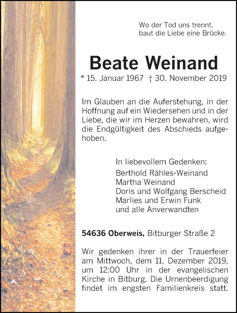  Traueranzeige für Beate Weinand vom 04.12.2019 aus trierischer_volksfreund