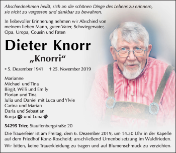 Traueranzeige von Dieter Knorr von trierischer_volksfreund