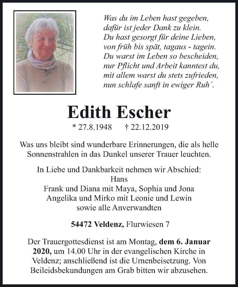  Traueranzeige für Edith Escher vom 27.12.2019 aus trierischer_volksfreund