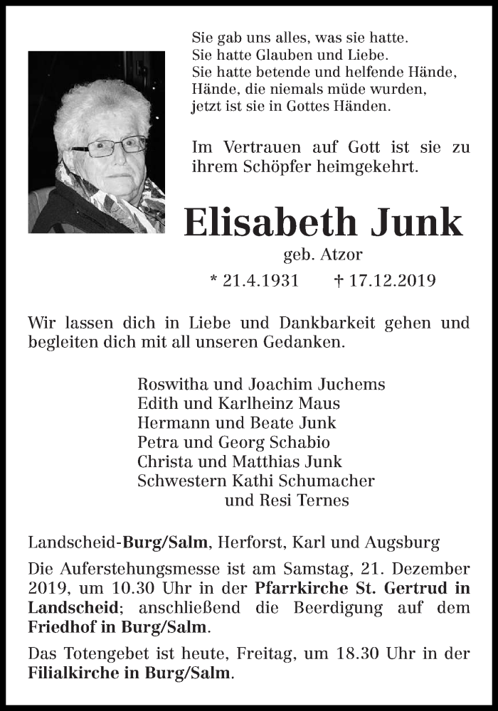  Traueranzeige für Elisabeth Junk vom 20.12.2019 aus trierischer_volksfreund