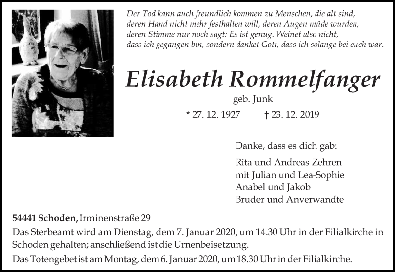  Traueranzeige für Elisabeth Rommelfanger vom 30.12.2019 aus trierischer_volksfreund