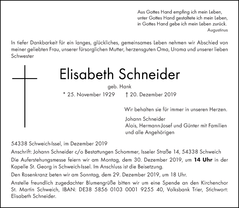  Traueranzeige für Elisabeth Schneider vom 24.12.2019 aus trierischer_volksfreund