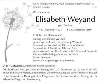 Traueranzeige von Elisabeth Weyand von trierischer_volksfreund
