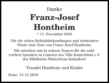 Traueranzeige von Franz-Josef Hontheim von trierischer_volksfreund