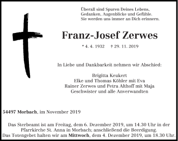 Traueranzeige von Franz-Josef Zerwes von trierischer_volksfreund