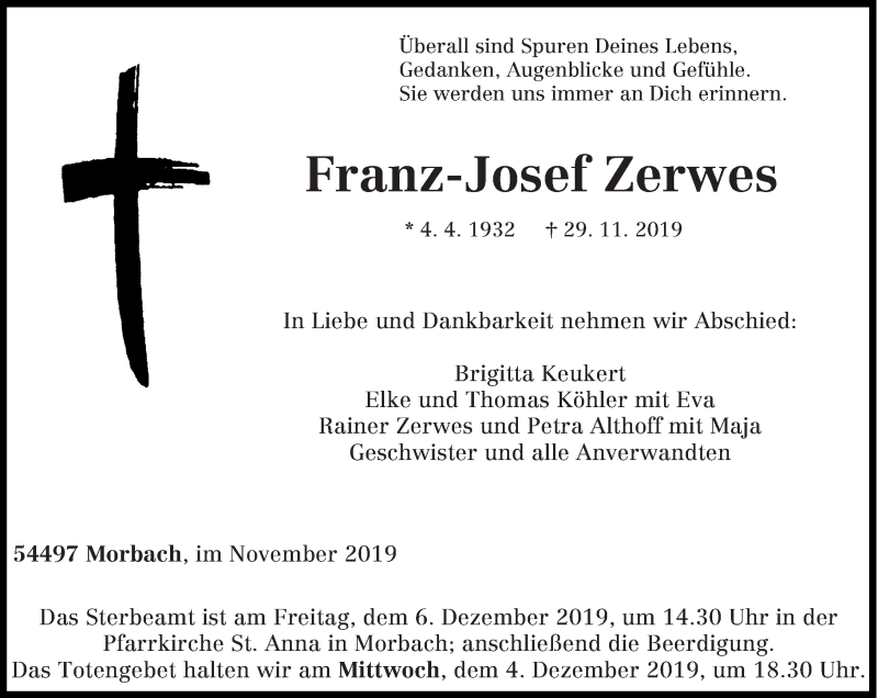  Traueranzeige für Franz-Josef Zerwes vom 03.12.2019 aus trierischer_volksfreund