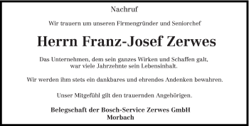 Traueranzeige von Franz-Josef Zerwes von trierischer_volksfreund