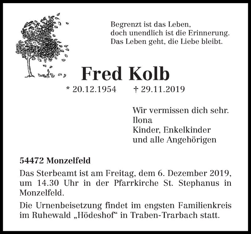  Traueranzeige für Fred Kolb vom 30.11.2019 aus trierischer_volksfreund