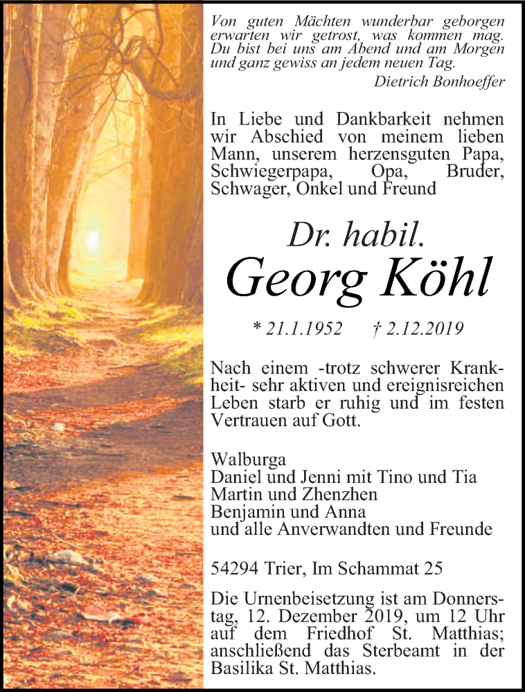  Traueranzeige für Georg Köhl vom 07.12.2019 aus trierischer_volksfreund