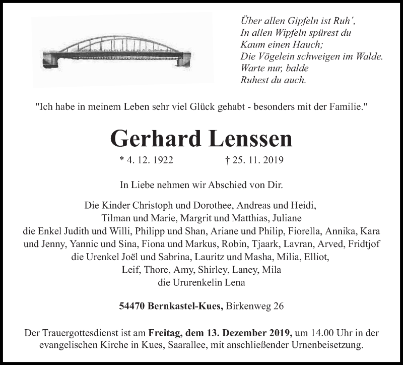  Traueranzeige für Gerhard Lenssen vom 30.11.2019 aus trierischer_volksfreund