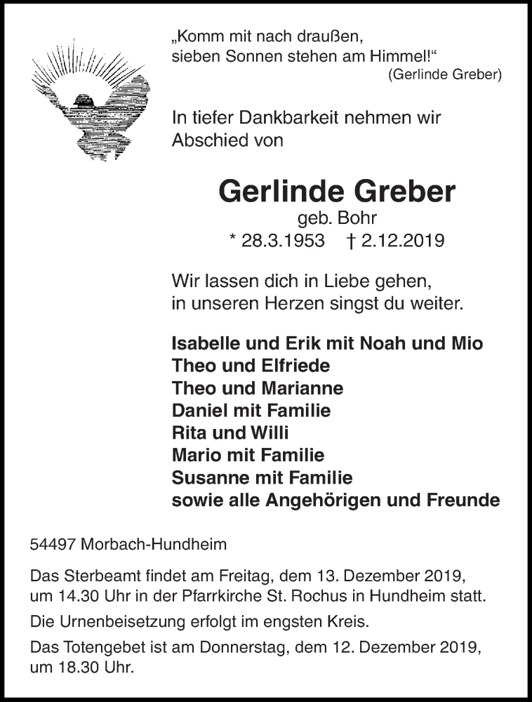  Traueranzeige für Gerlinde Greber vom 07.12.2019 aus trierischer_volksfreund