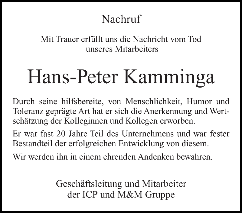  Traueranzeige für Hans-Peter Kamminga vom 07.12.2019 aus trierischer_volksfreund