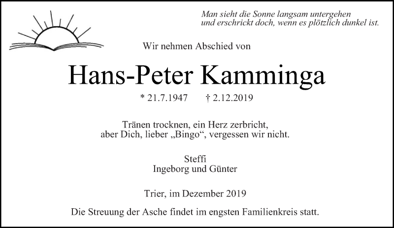  Traueranzeige für Hans-Peter Kamminga vom 07.12.2019 aus trierischer_volksfreund