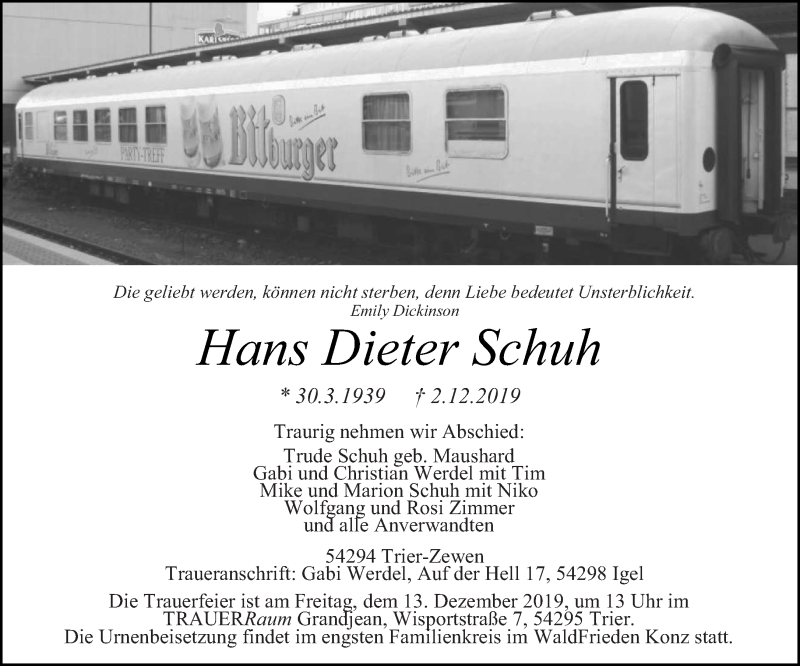  Traueranzeige für Hans Dieter Schuh vom 07.12.2019 aus trierischer_volksfreund