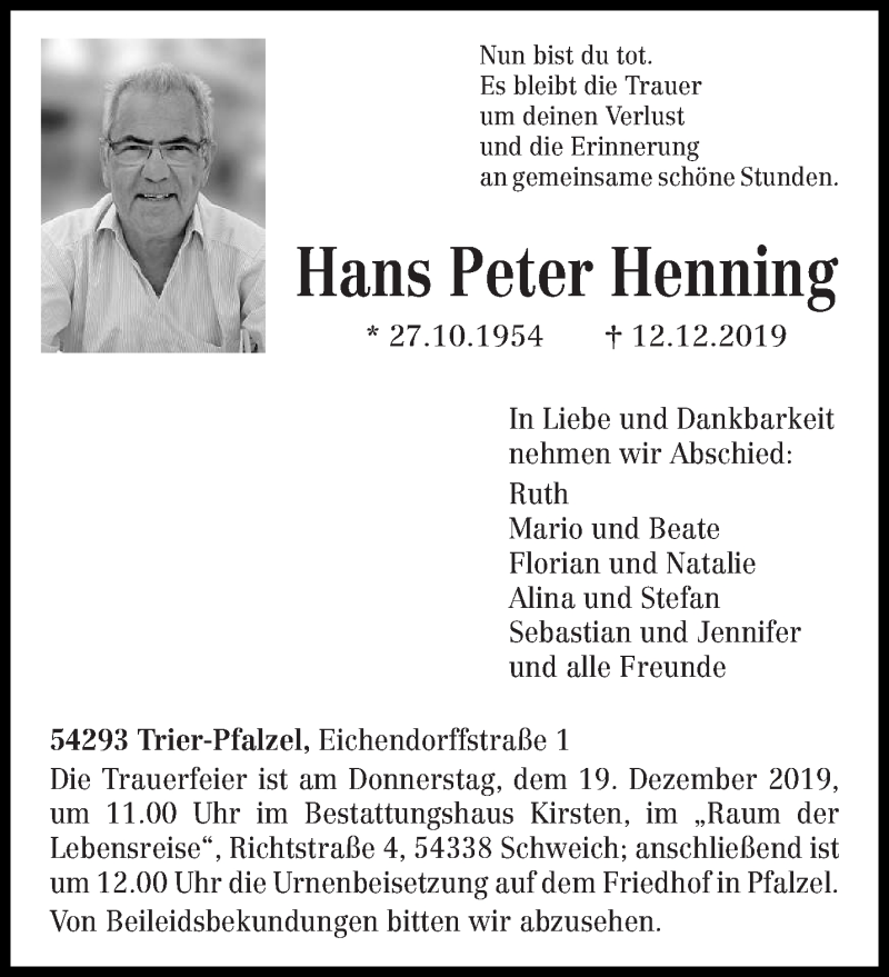  Traueranzeige für Hans Peter Henning vom 17.12.2019 aus trierischer_volksfreund
